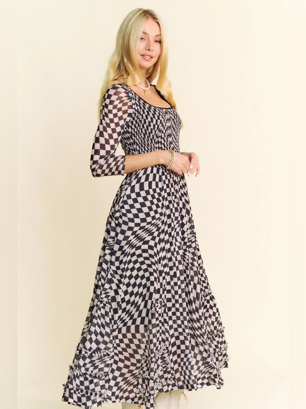 Davi & Dani Whimsigoth Printed Checker Mesh Flowy Maxi Dress, 2XL 🎃